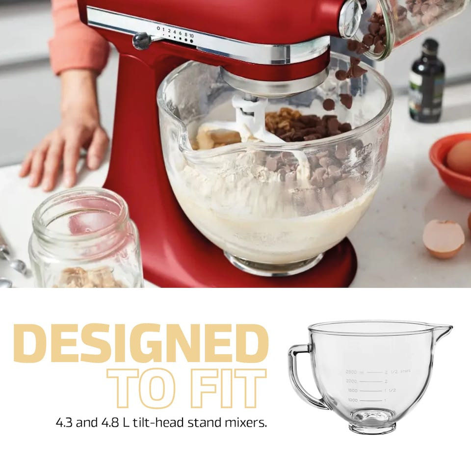 image 1 of SPARES2GO 4.7L Glass Mixing bowl Jug for KitchenAid Stand Mixer K40 5KSM5GB + Cover