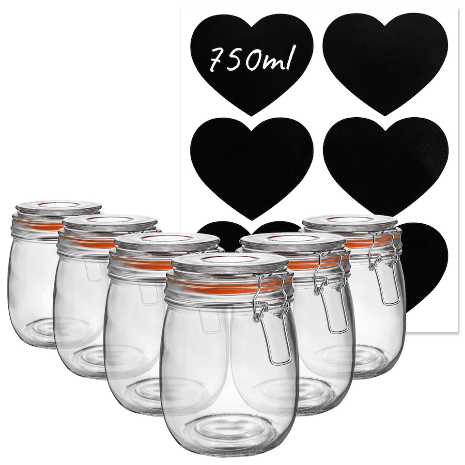 image 1 of Argon Tableware 6x Glass Storage Jar & Heart Labels Set - 750ml - 4 Seals Airtight Kitchen Storage Container Preserving Jar