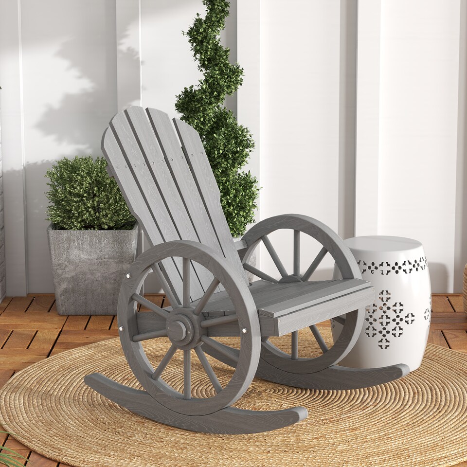 image 1 of Outsunny Wooden Adirondack Rocking Chair Reclining Armchair Outdoor Garden Furniture Patio Porch Rocker - Grey | Grey | Grey