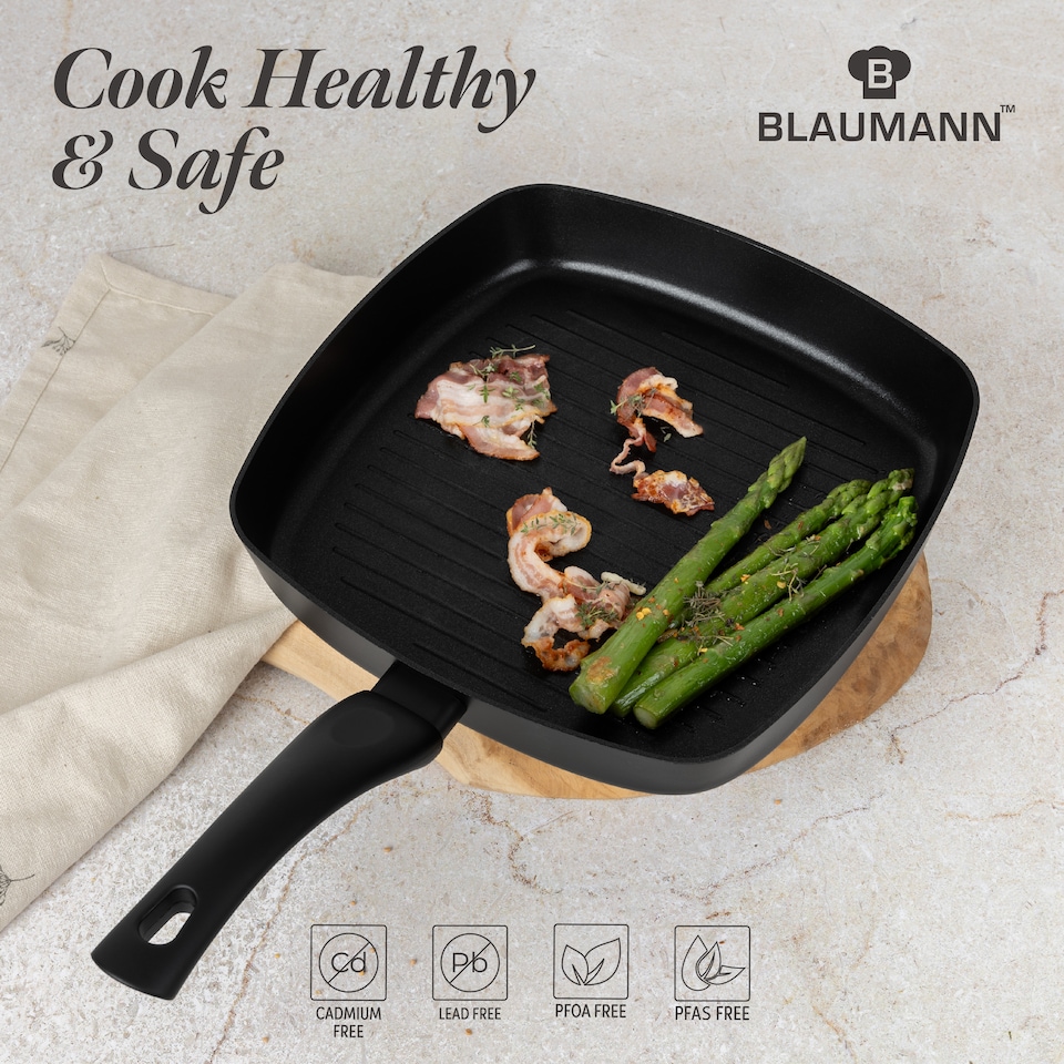 image 1 of Blaumann Cookware Frying Grill Pots Pan Saucepan Casserole Soft Touch Handle Lid | Black | Matt Black | 26cm Ribbed Grill Pan - 2L