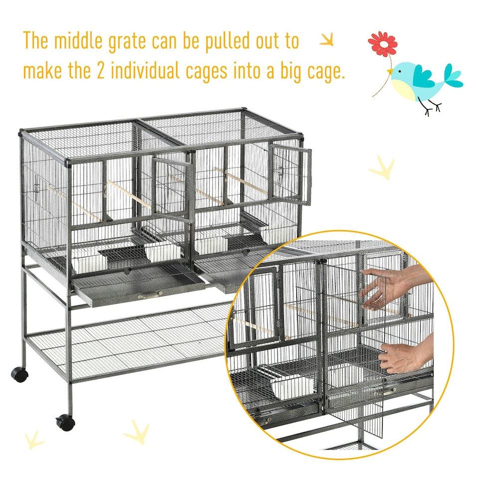 image 1 of PawHut Double Rolling Bird Cage with Removable Metal Tray and Storage Shelf