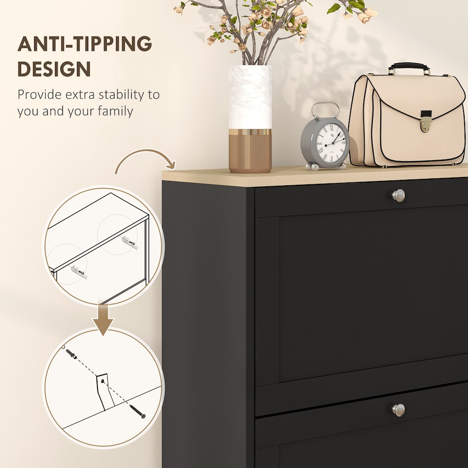 image 1 of HOMCOM Narrow Shoe Cabinet w/ 3 Flip Drawers for 12-18 Pairs of Shoes Black