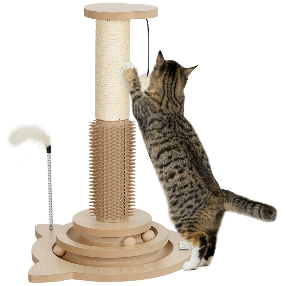 image 1 of PawHut Cat Scratcher, 5-in-1 Sisal Post with Interactive Toy 49cm Oak Tone