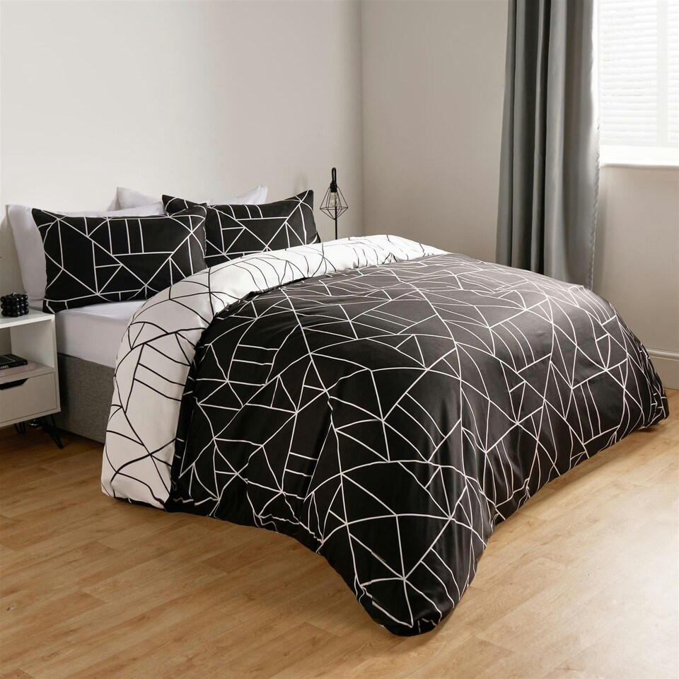 image 1 of OHS Geometric Reversible Print Duvet Cover and Pillowcase Set, Super King - Black