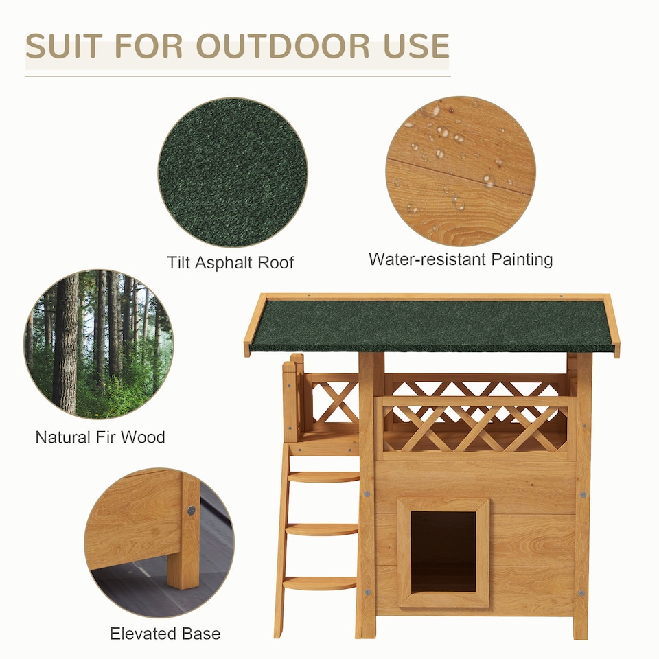 image 1 of PawHut Outdoor Cat House Kitten Shelter Puppy Kennel with Balcony Stairs Asphalt Roof, 77 x 50 x 73 cm