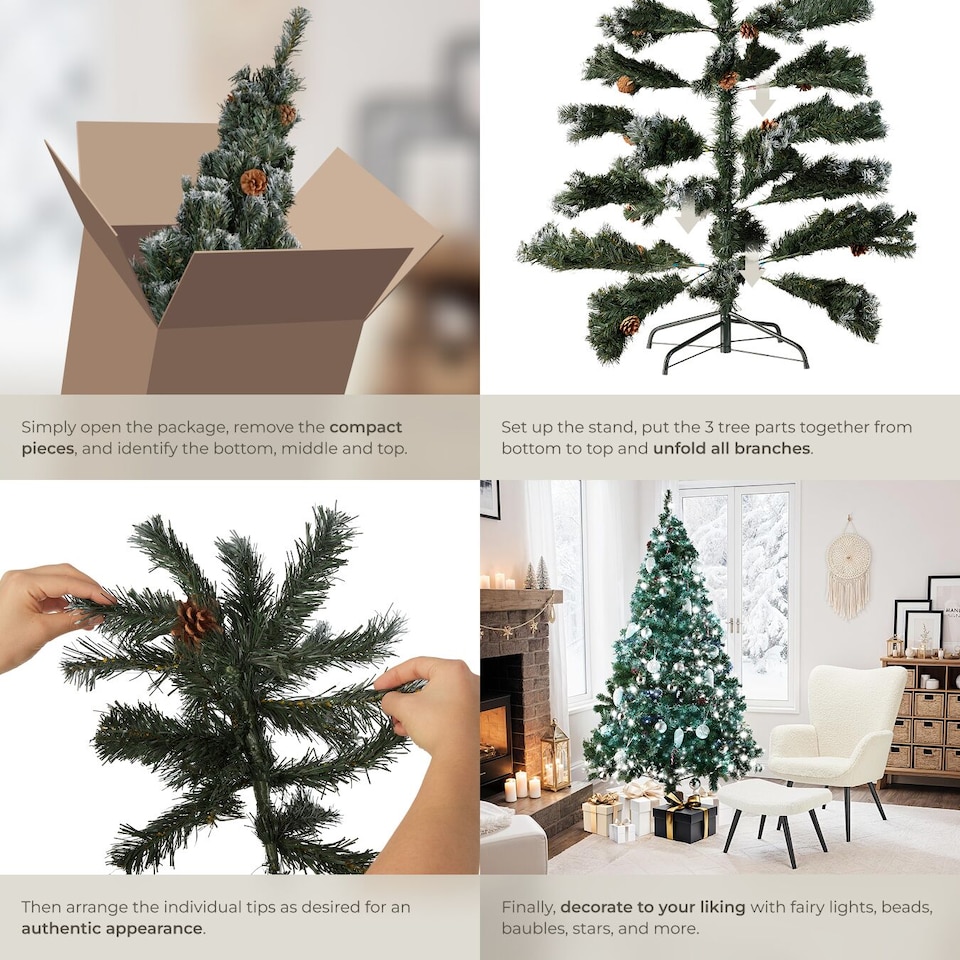 image 1 of Christmas Tree - artificial Christmas tree with frosted tips, pine cones, and metal stand | Green | green | 1