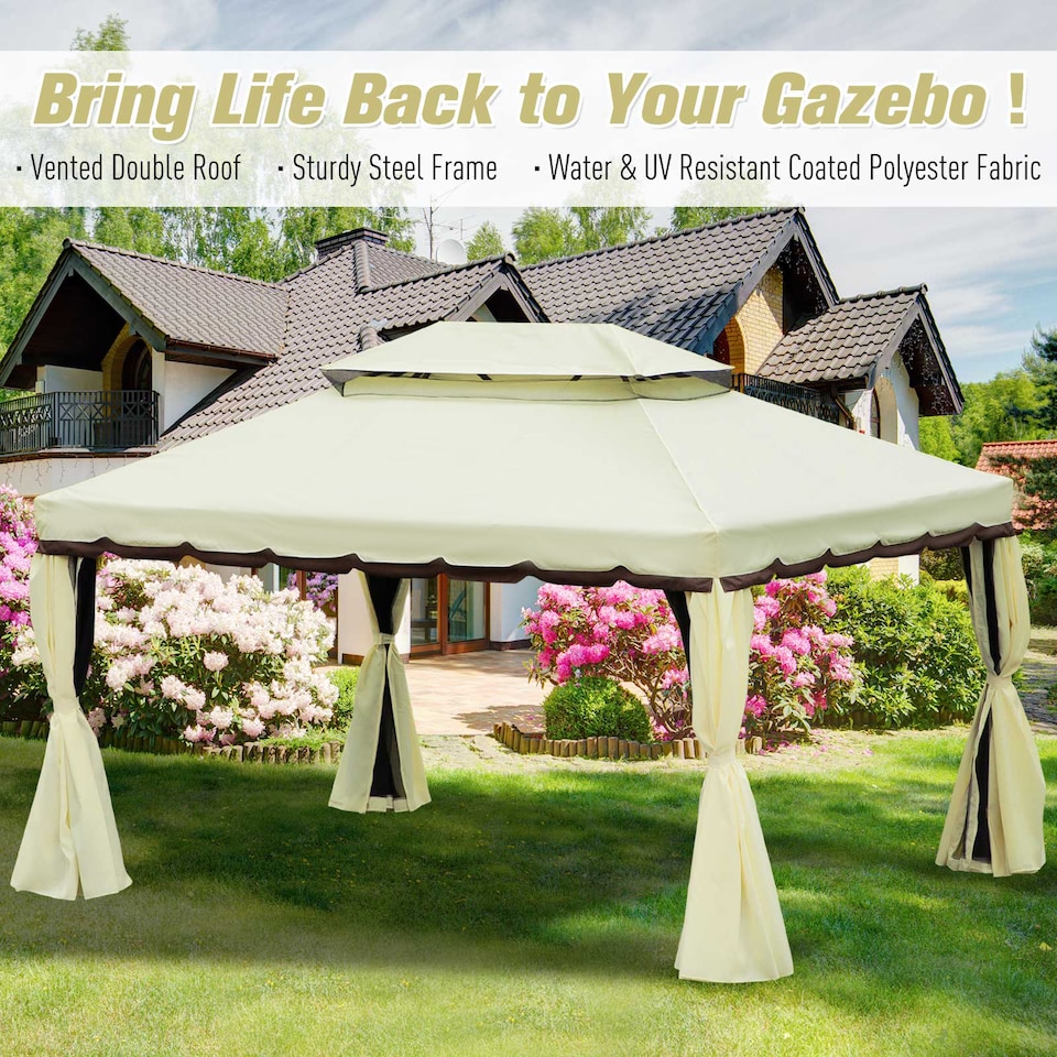 image 1 of Outsunny 4 x 3 m Aluminum Garden Gazebo, Double Roof Outdoor Gazebo Canopy Shelter with Netting & Curtains for Garden, Lawn, Backyard and Deck, Cream