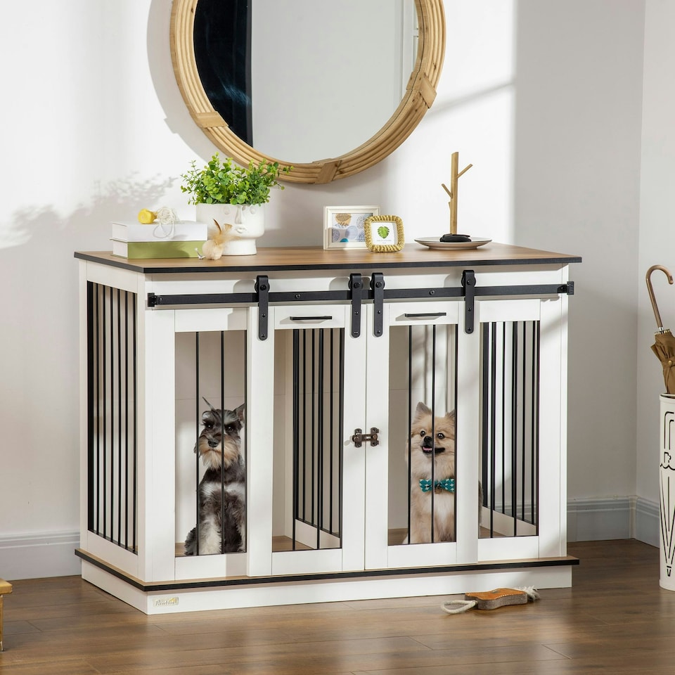 image 1 of PawHut Dog Crate Furniture for Large Dogs, Double Dog Cage for Small Dogs, White