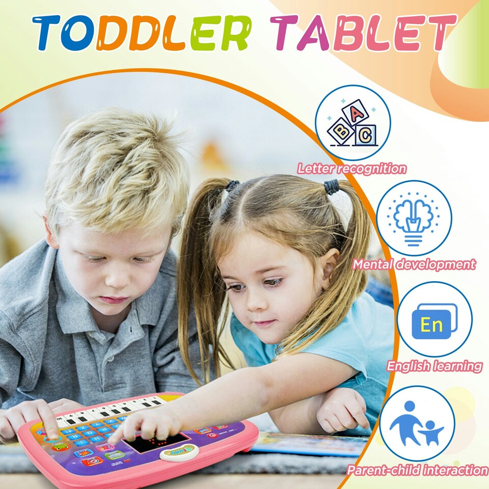 image 1 of Toddler Learning Tablet – Multi-Function Educational Musical Touch Pad with LED Screen, Piano, Animal Sounds, Numbers, Letters, and Quiz Modes for Kids (Pink)