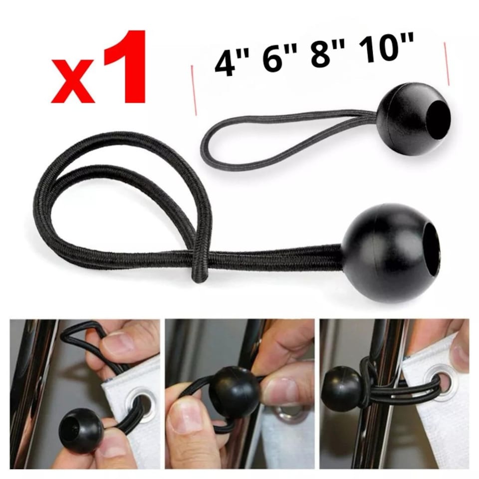 image 1 of Elastic Bungee Ball Ties Black Shock Cord Loops for Tarpaulins Tents Covers 8"