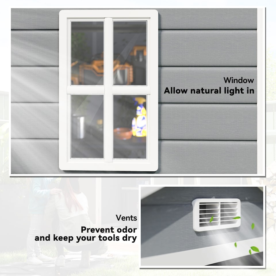 image 1 of Outsunny 6 x 4.5FT Plastic Garden Shed with Floor, Lean to Outdoor Storage Shed, Lockable Tool Storage House with Window, Vent and Plastic Roof, Grey