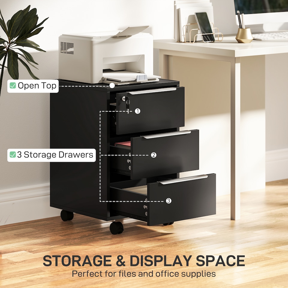 image 1 of HOMCOM 3-Drawer Lockable Filing Cabinet, File Cabinet on Wheels, Mobile Office Storage Drawers for Home Office, Bedroom and Living Room, Black | Black | Black