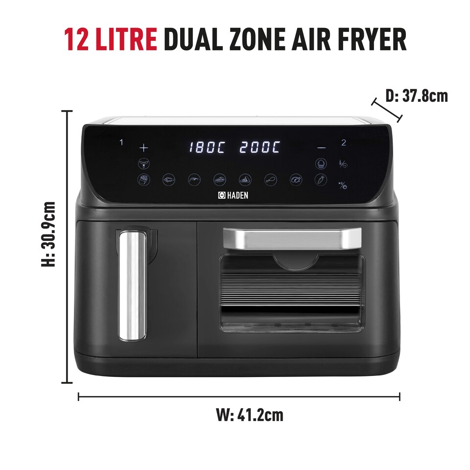 image 1 of Haden 12L Dual Air Fryer -  2400W Large Capacity Air Fryer with Dual Baskets, 10 One-Touch Cooking Functions, Sync Finish, Adjustable Timer and Temperature
