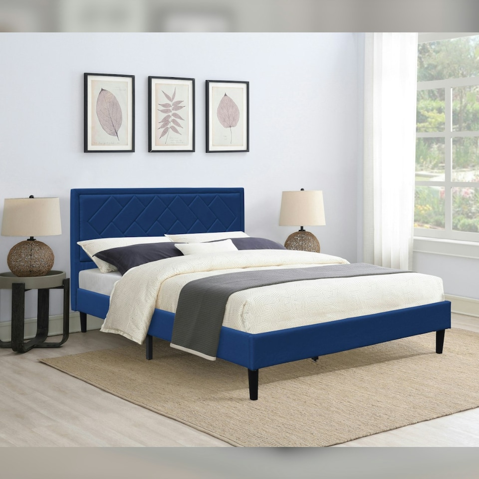 image 1 of 4ft6 Double Fabric Bed Frame With Padded Headboard In Blue