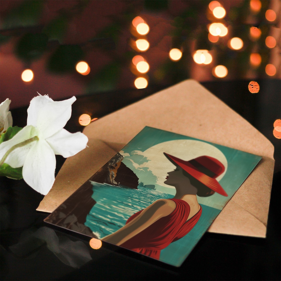 image 1 of Greeting Card Elegant Woman Italian Coast Travel Vintage Style Holiday