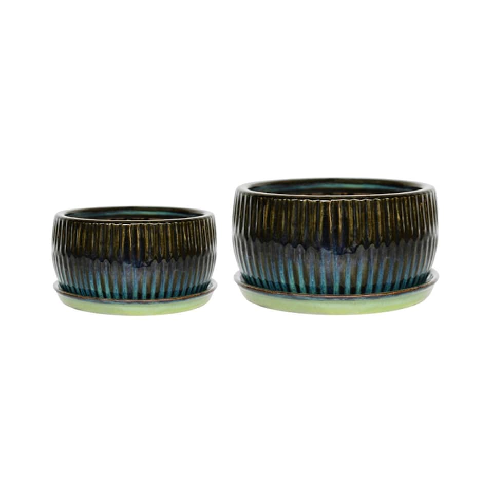image 1 of Round Reactive Glaze Bonsai Planter Set of 2 - Cement - L24.5 x W24.5 x H12 cm - Emerald | Green