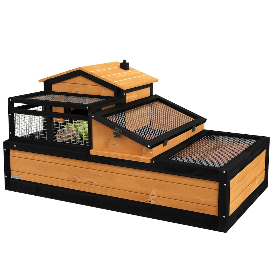 image 1 of PawHut Wooden Tortoise House Indoor Outdoor w/ Balcony, Tray, Openable Roof