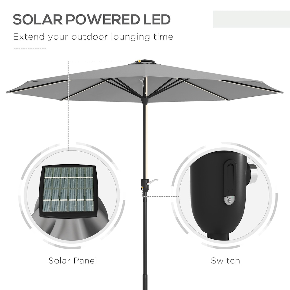 image 1 of Outsunny Solar Patio Garden Parasol with Lights for Outdoor Light Grey