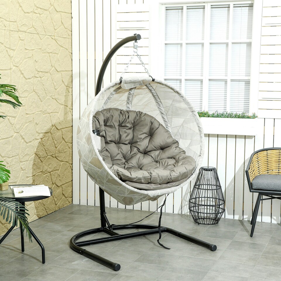 image 1 of Outsunny Hanging Egg Chair Indoor Swing Chair, Folding Basket, Sand | Multi | One Size