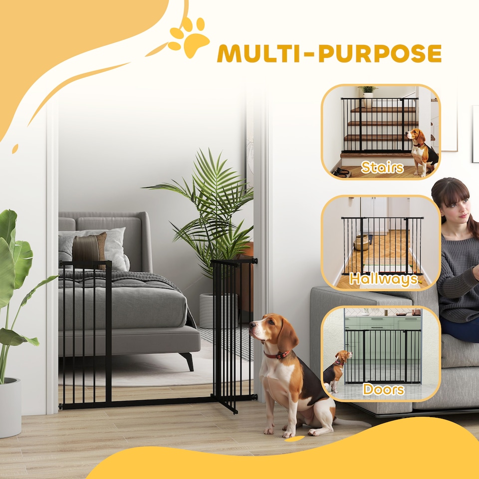 image 1 of PawHut Pressure Fitted Pet Dog Safety Gate Metal Fence, Black