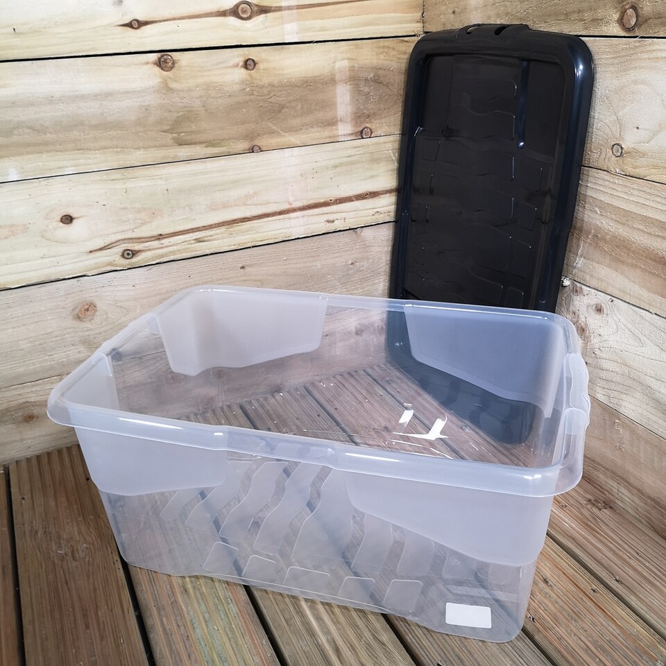 image 1 of 6 x 42L Clear Storage Box with Black Lid, Stackable and Nestable Design Storage Solution