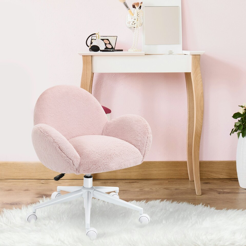 image 1 of HOMCOM Fluffy Leisure Chair Office Chair with Backrest Armrest Wheels Pink