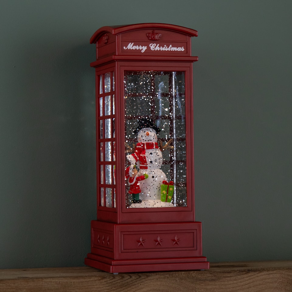 image 1 of 25cm Battery Operated Light up Christmas Phone Box Water Spinner with Snowman Scene & LEDs