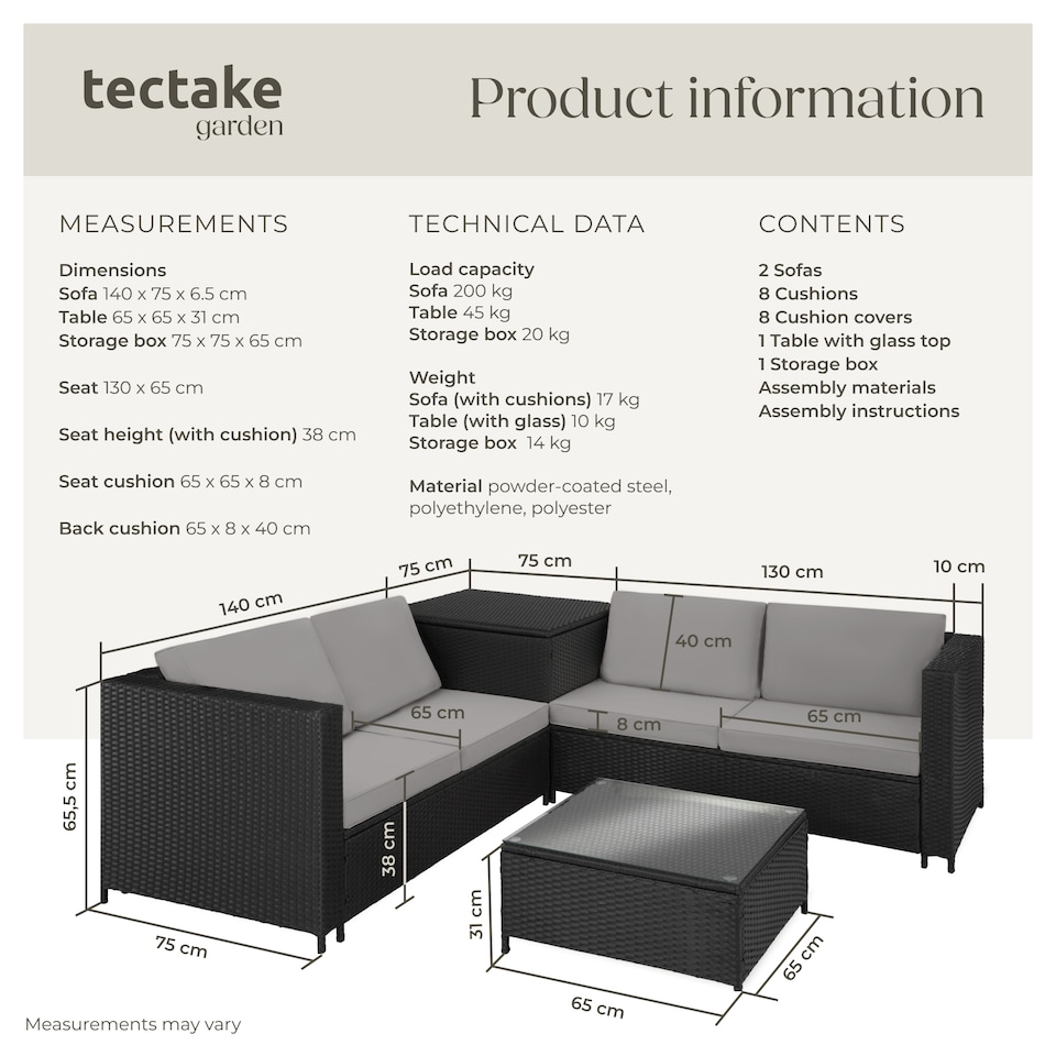 image 1 of Garden Furniture Set Siena - for 4 people, with large storage box, thick seat cushions | Black | black/grey | 140 x 75 x 65,50 cm | 1