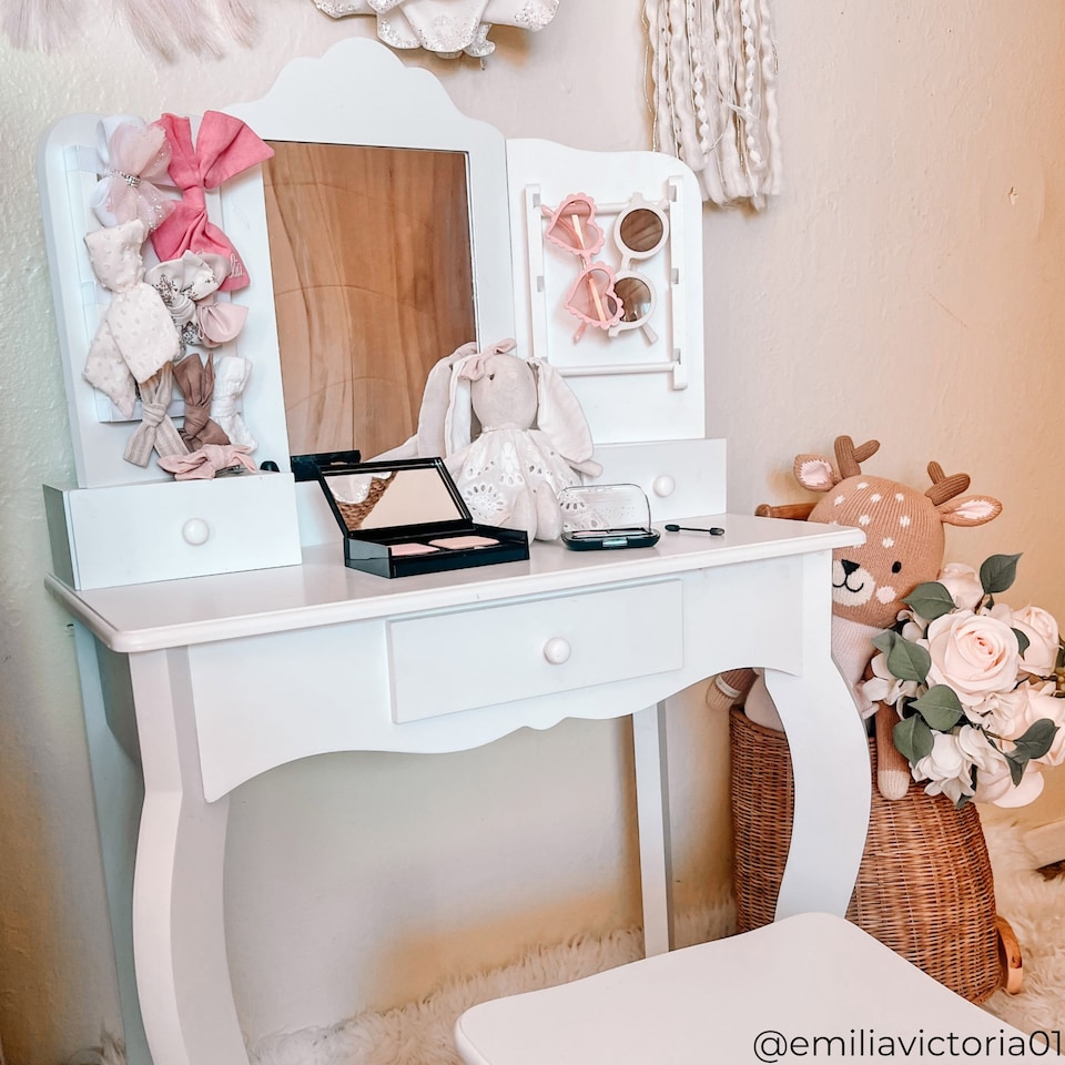 image 1 of Teamson Kids Wooden Kids Vanity Table and Stool Set, White with Drawers