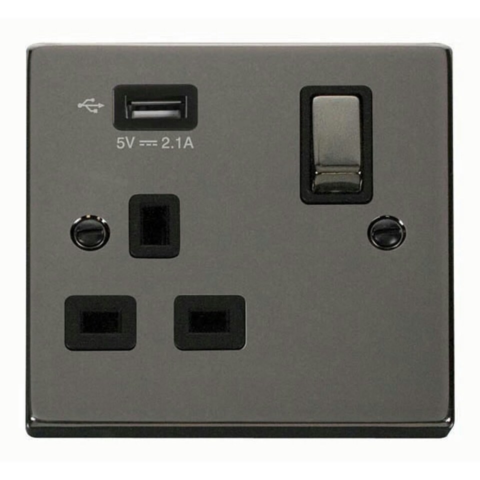 image 1 of SE HOME Black Nickel 1 Gang 13A DP Ingot 1 USB Switched Plug Socket Black | Nickel