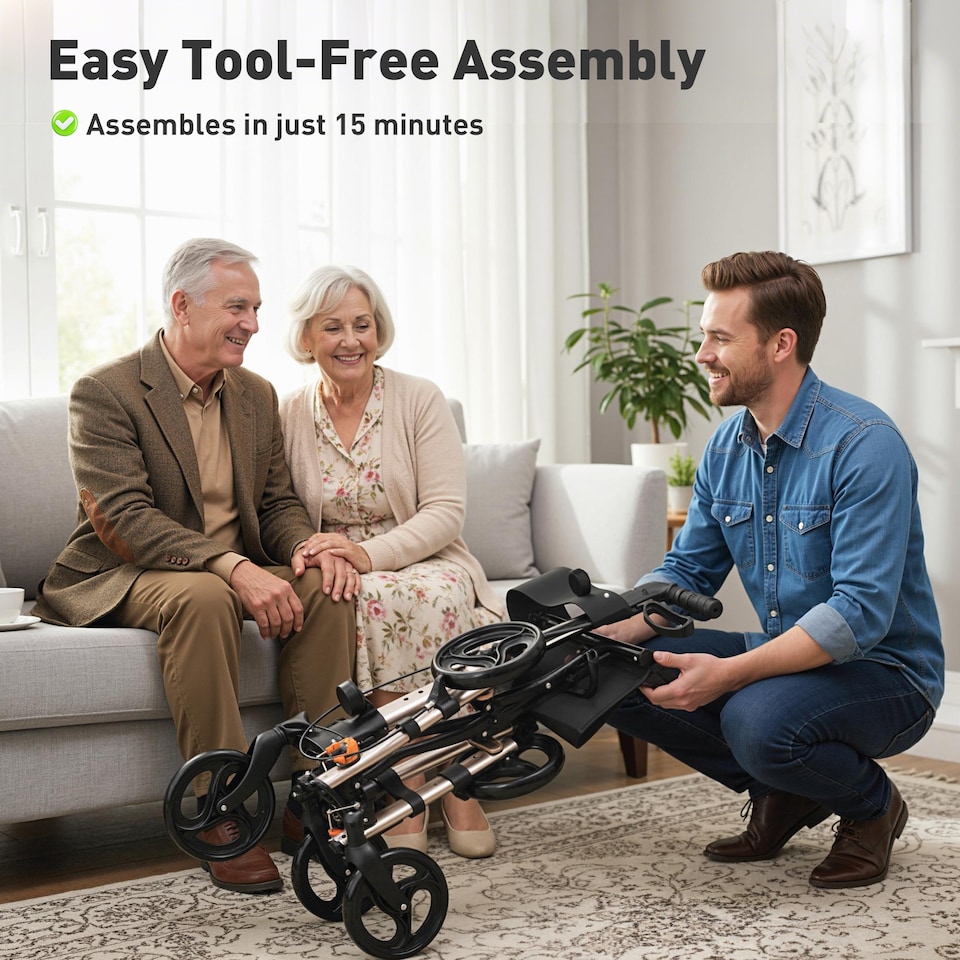 image 1 of HOMCOM 4 Wheel Rollator Walker, Mobility Walker with Bag, Seat, Gold Tone