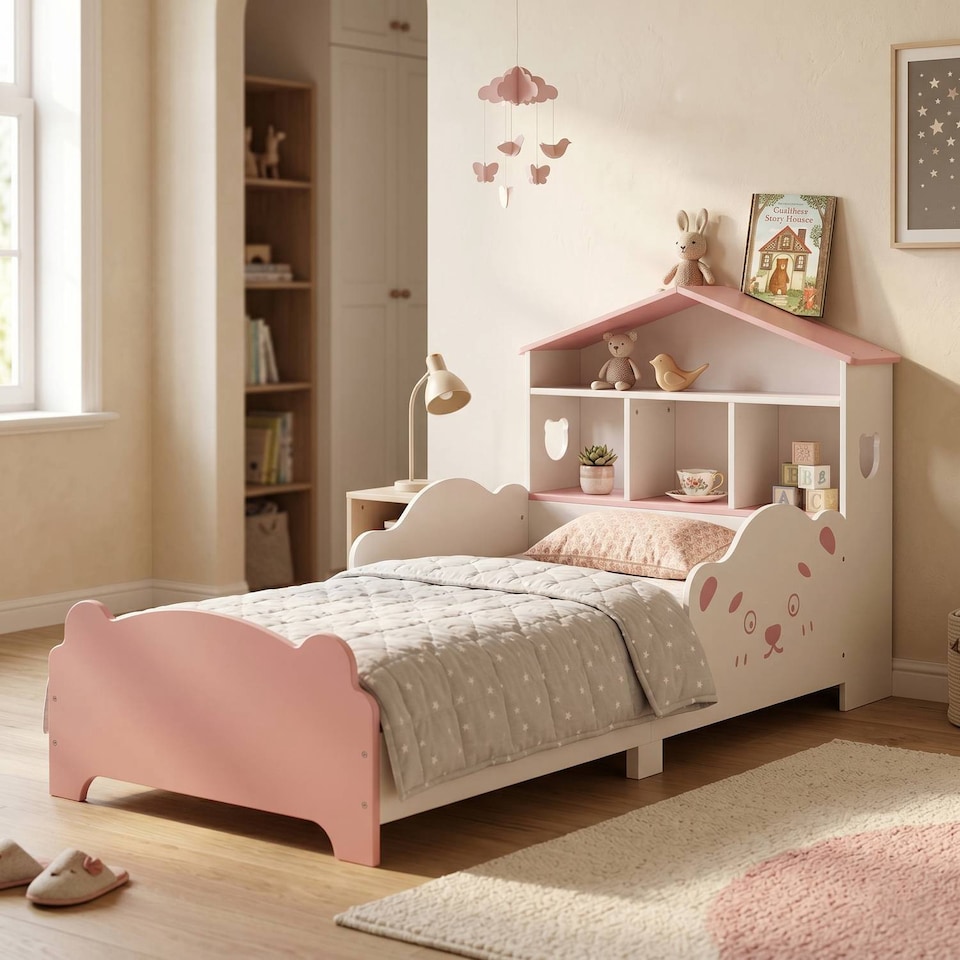 image 1 of TOTO Wooden Toddler Bed w/ Integrated Bookshelf Storage Junior Kids Frame - Pink
