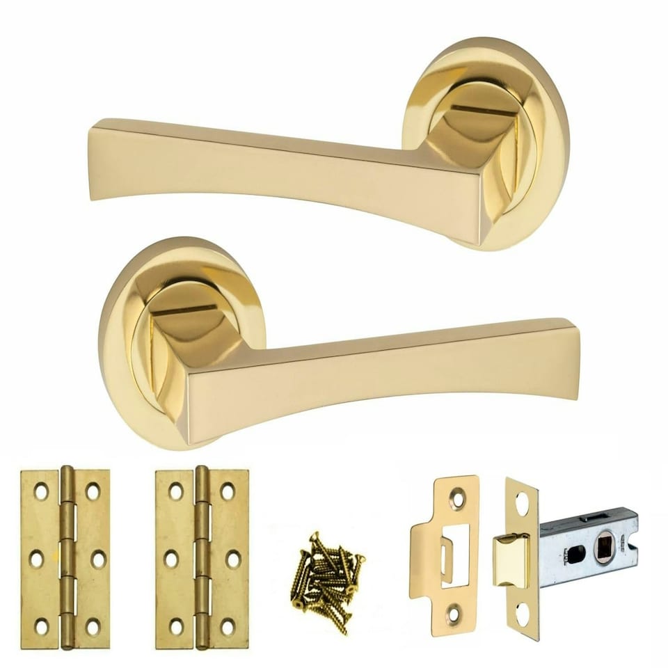 image 1 of Golden Grace 1 Pair Wave Design Door Handles Latch on Round Rose in Electro Brass Finish with 2.5" Tubular Latch and 3" Standard Butt Hinges - 52mm Diameter Gold