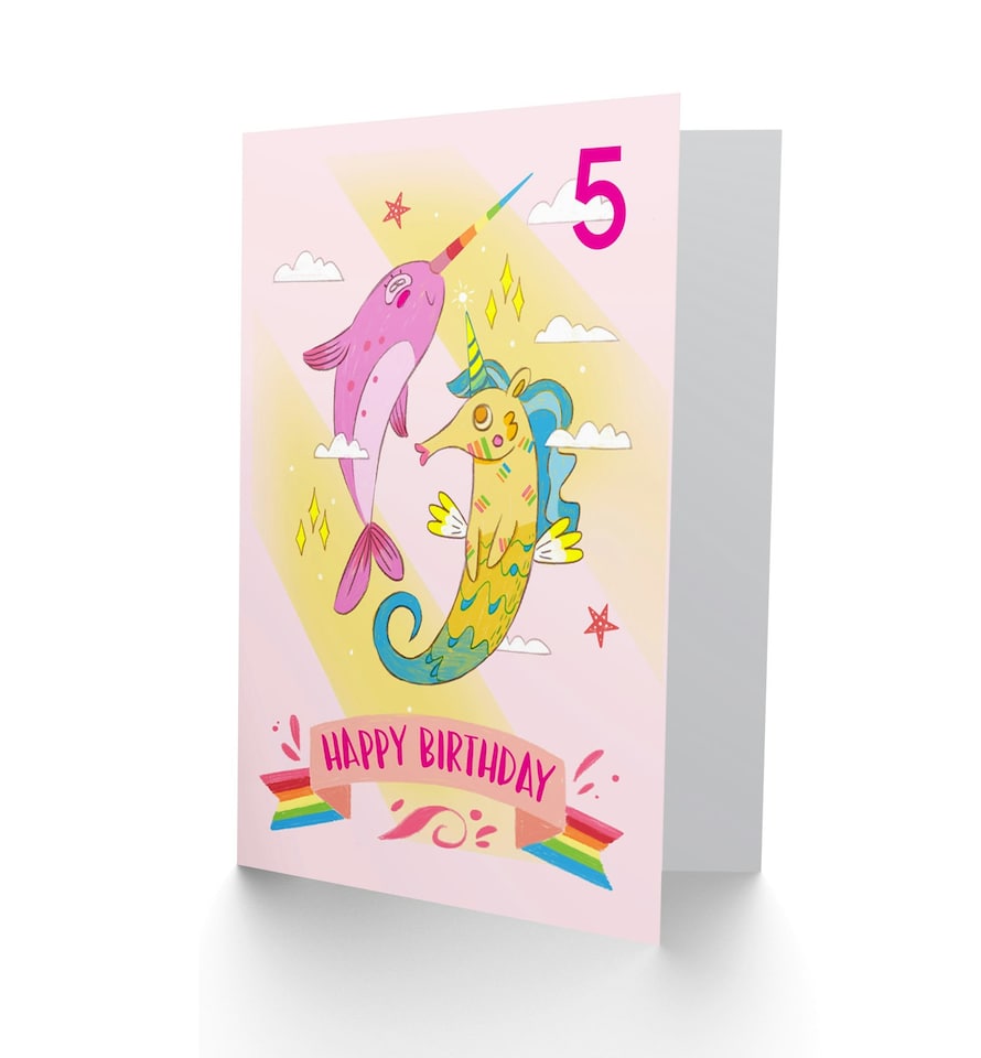 image 1 of Unicorn Seahorse Narwhal Cartoon Age 5 Year Old Kids 5th Birthday Card