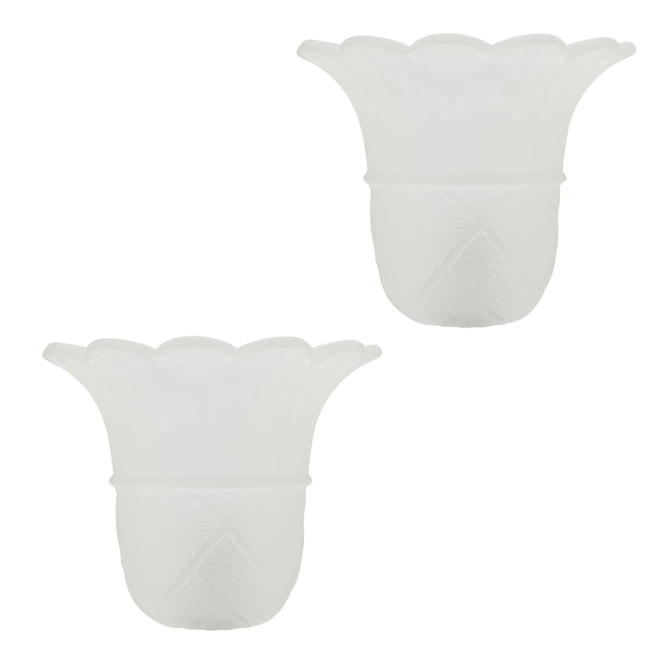 image 1 of Pair of Frosted White Floral Glass Shades with Ribbed Petal Trim for E14 and E27