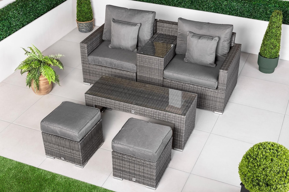 image 1 of Havana 2 Seat Modular Sofa Rattan Garden Balcony Furniture Set Outdoor Drinks Cooler Table, Coffee Table & Stools | Grey | Grey | Two Seater