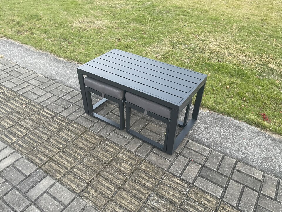 image 1 of Fimous Outdoor Garden Rectangular Coffee table Aluminium Patio Tea Table with 2 Small Footstool for Balcony, Terrace,Swimming Pool Dark Grey