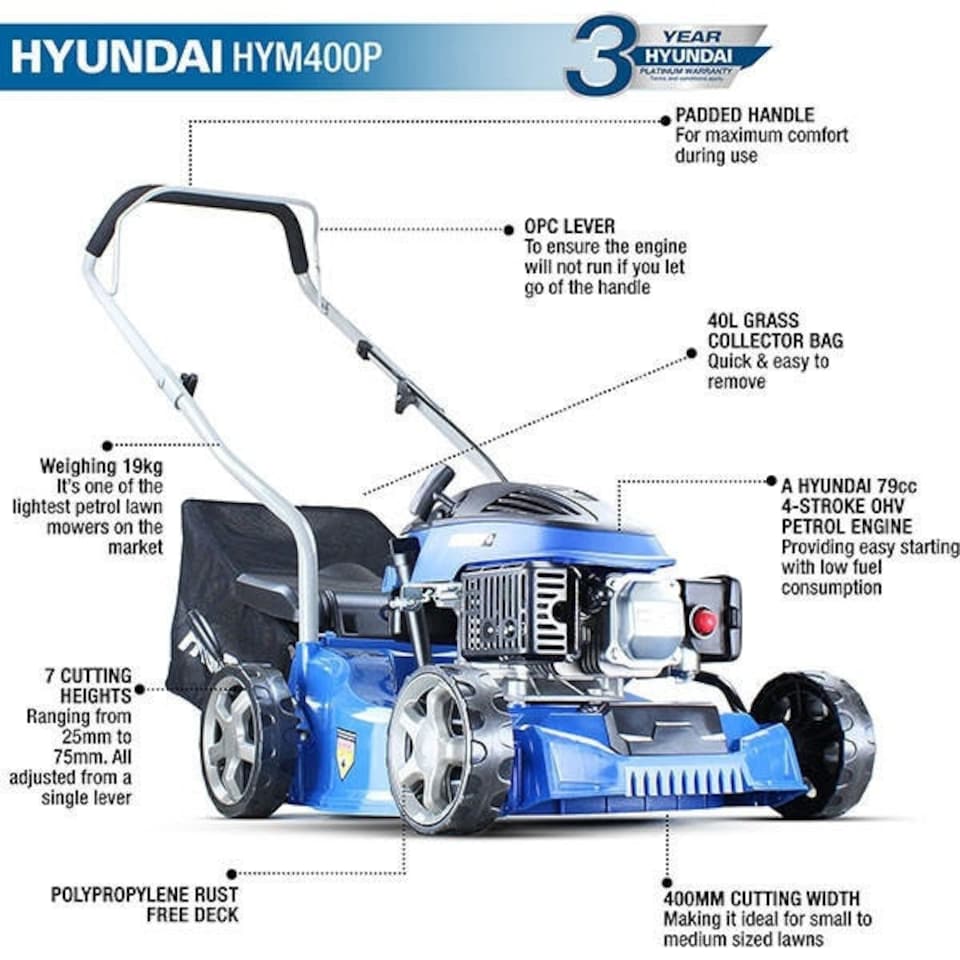 image 1 of Hyundai Petrol Lawnmower 79cc 400mm Push Rotary | HYM400P