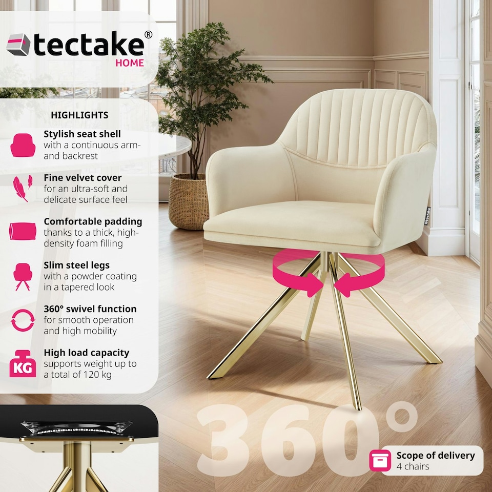 image 1 of Lounge Armchair Living Room Accent Chair 360 Swivel Slim Steel Legs Velvet Fabric - Set of 4 Cream | Cream/Gold