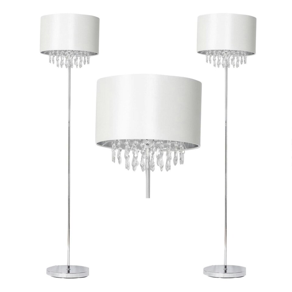 image 1 of First Choice Lighting Pair of Cream Faux Silk Jewelled Floor Lamps Chrome | White