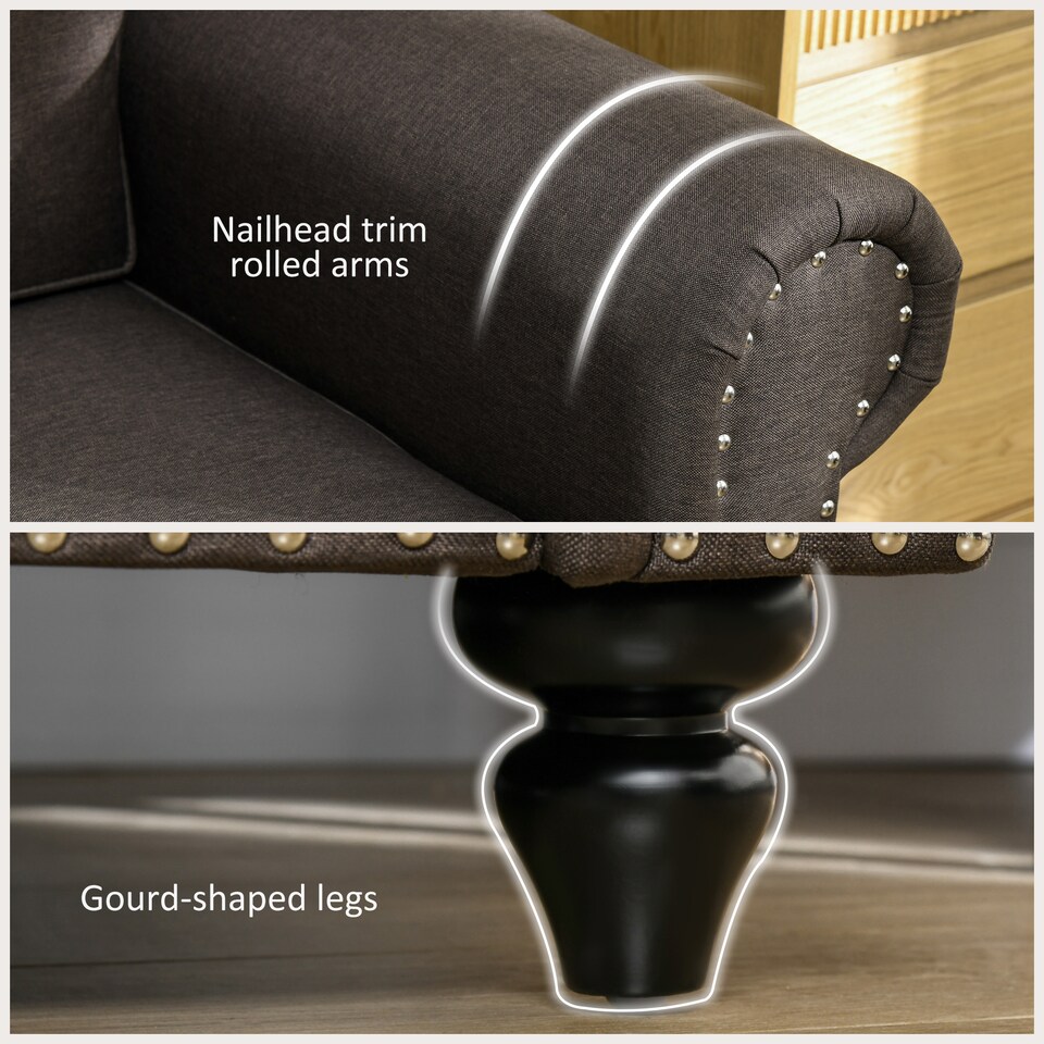 image 1 of HOMCOM 2 Seater Sofa, Fabric Sofa Couch with Nailhead Trim Rolled Arm and Slatted Wood Frame, Upholstered Loveseat Settee for Living Room, Bedroom, Home Office, Dark Brown