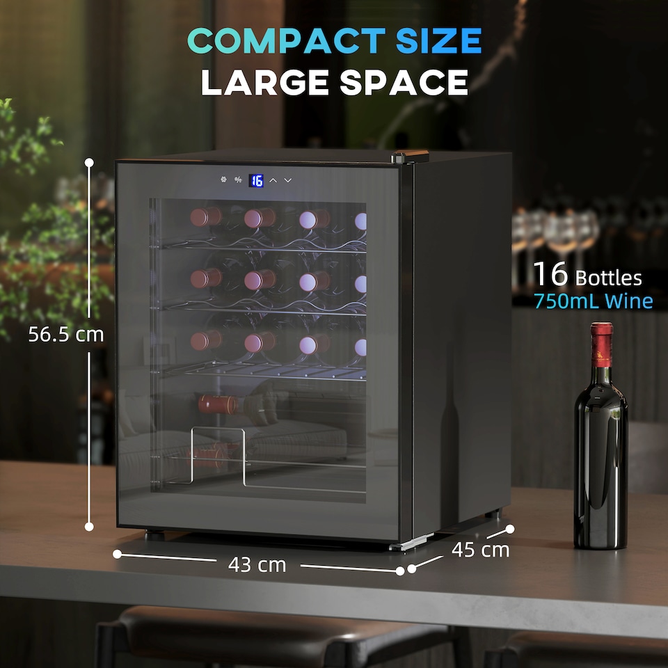 image 1 of HOMCOM 16 Bottle Wine Cooler with Adjustable Temperature Control, Black | Black