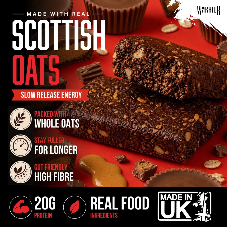 image 1 of Warrior RAW Protein Bars 12 x 75g – 20g High Protein Bar, Low Sugar High Fibre Oat Protein Flapjack – Protein Snacks, Meal Replacement Bars (Peanut Butter Cup)