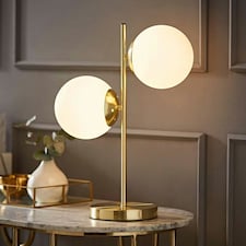 ValueLights Jas 2 Light Gold Metal Stem Bedside Table Lamp with White Frosted Glass Shades - Bulbs Included | Gold