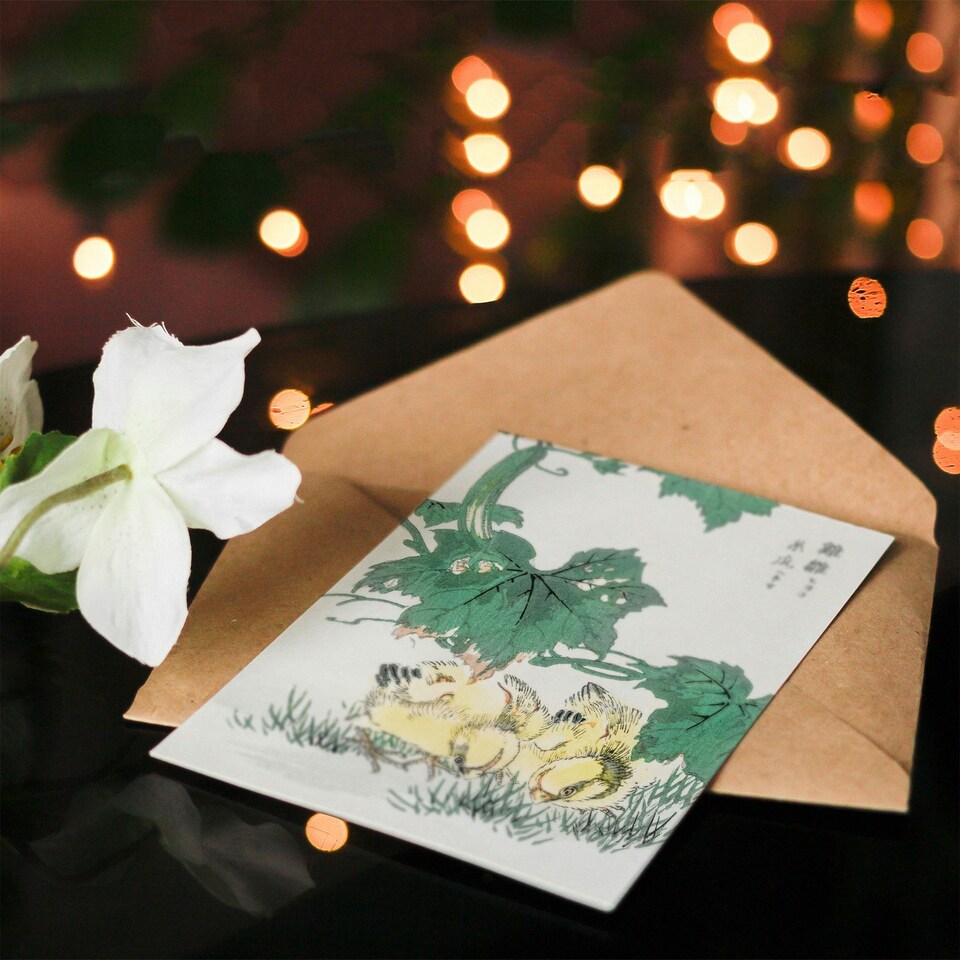 image 1 of Numata Kashu Art Card Baby Chicks Under Vine Japanese