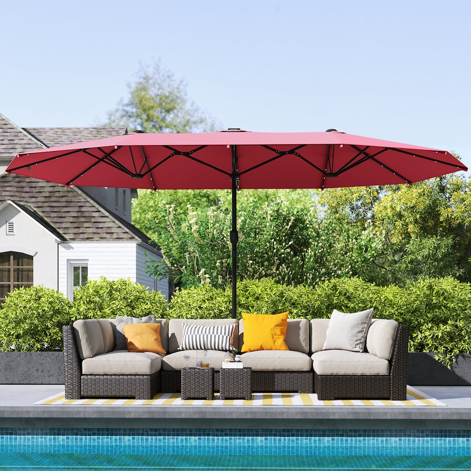 image 1 of Outsunny 4.4m DoubleSided Sun Umbrella Garden Parasol Patio Sun Shade Outdoor with LED Solar Light, NO BASE INCLUDED, Wine Red