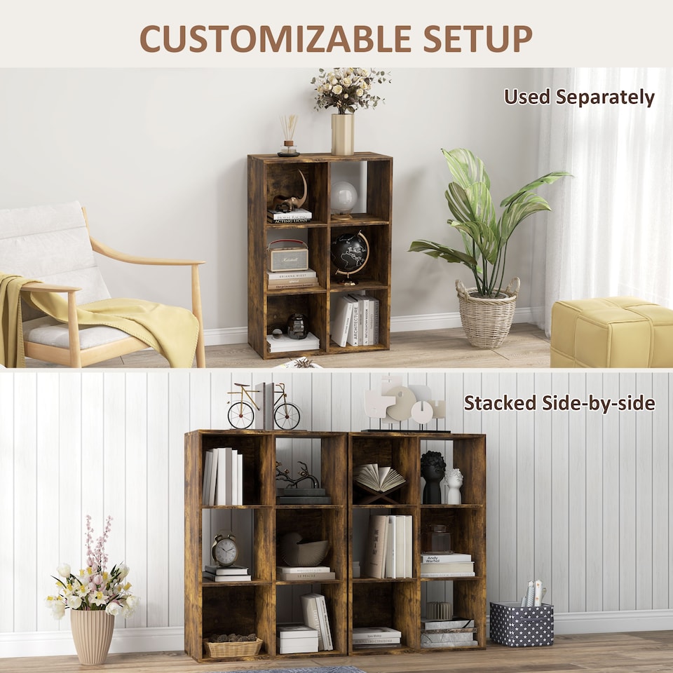 image 1 of HOMCOM 6-Cube Bookshelf, Display Shelving Unit for Home Office, Rustic Brown