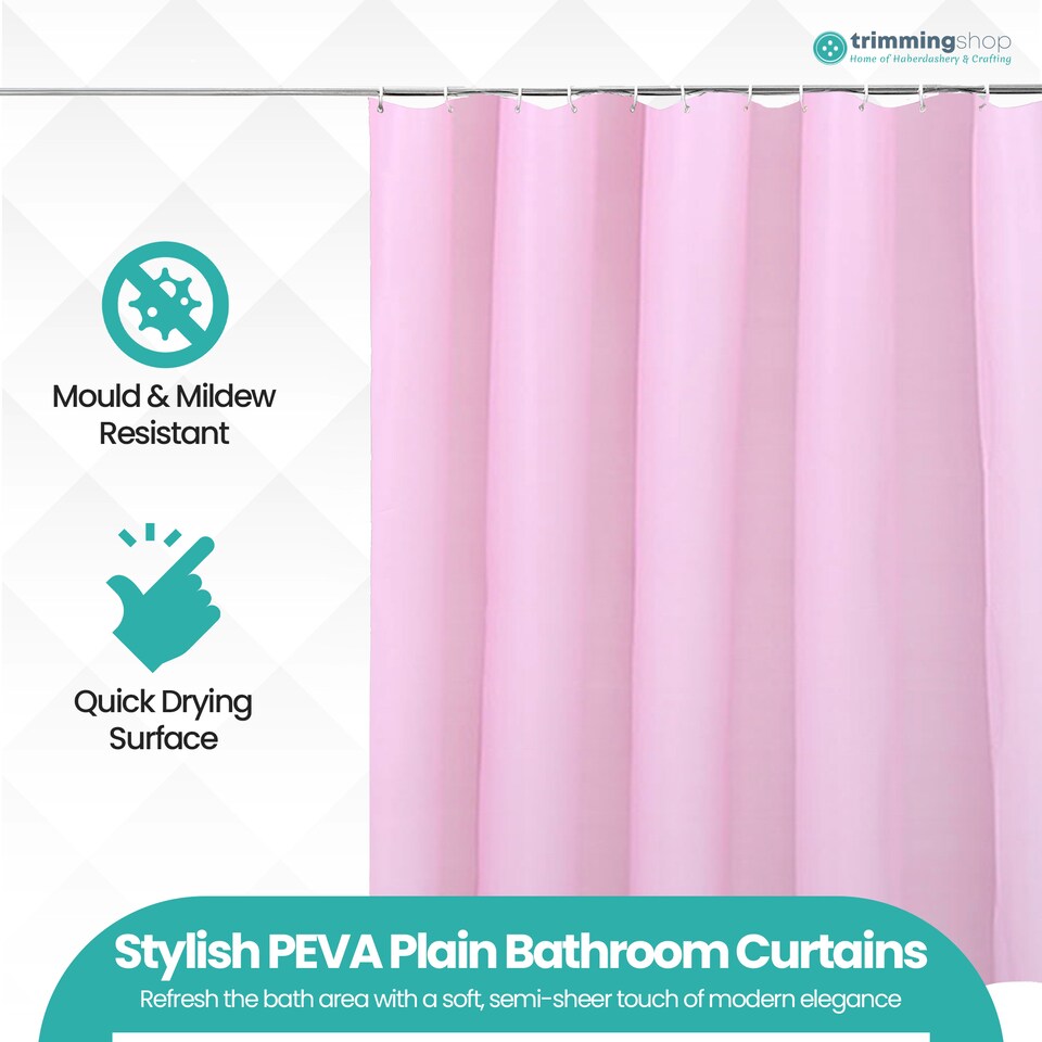 image 1 of PEVA Plain Mould & Mildew Resistant Shower Curtain with 12 Hooks - 180x180cm