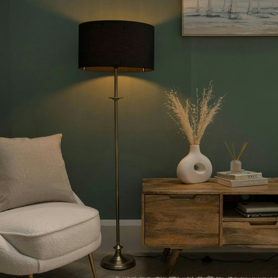 image 1 of ValueLights Belmont Sconce Brushed Gold Floor Lamp with Large Black Drum Shade | Gold