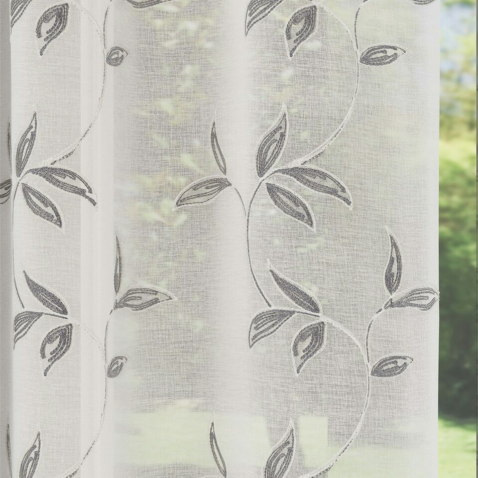 image 1 of Pair of Oasis Grey Embroidered Leaf Pattern Voile Panels 229 cm (90 inch) Rod Pocket Panels for Bedroom and Living Room